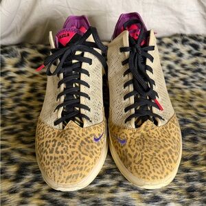 Nike Women's Beige Leopard Print Sneakers with Purple and Black Accents